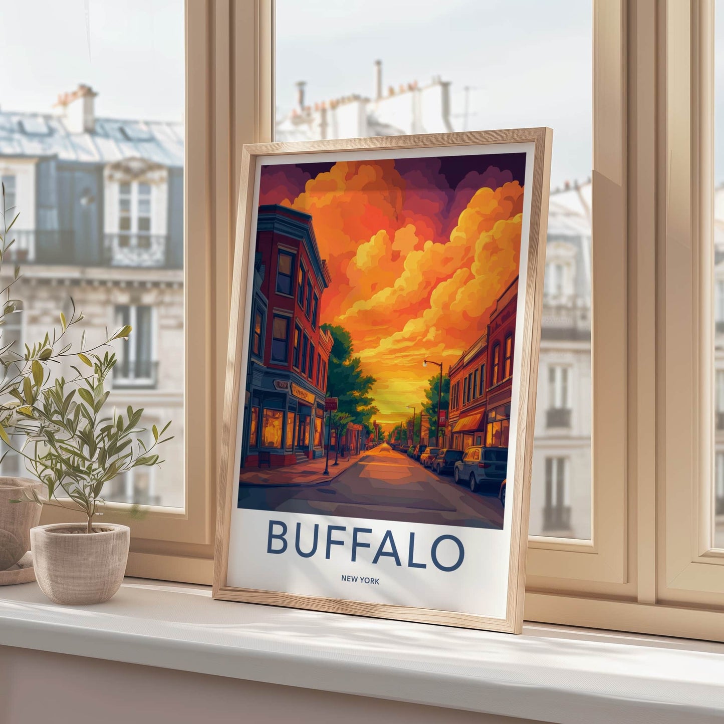 Buffalo Poster - New York Travel Art - Vibrant Sunset Street Home Decor