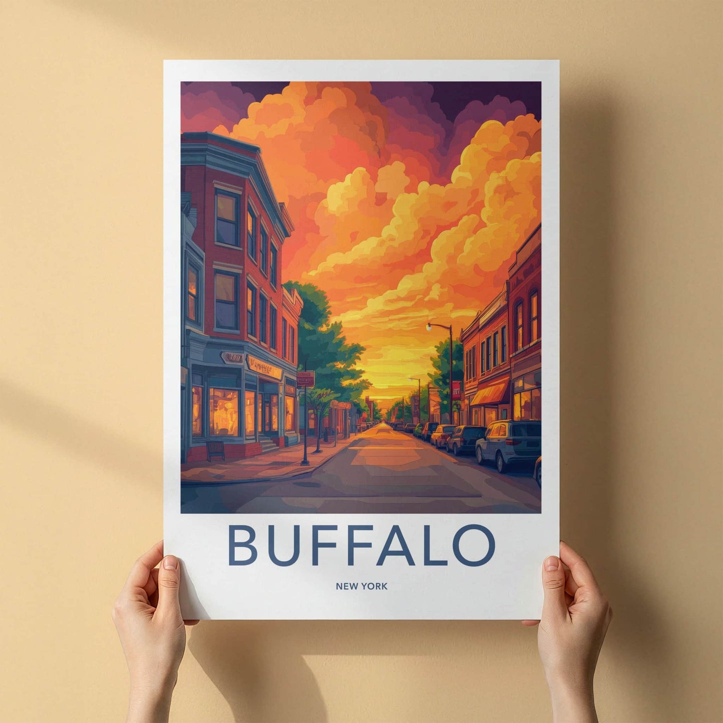 Buffalo Poster - New York Travel Art - Vibrant Sunset Street Home Decor