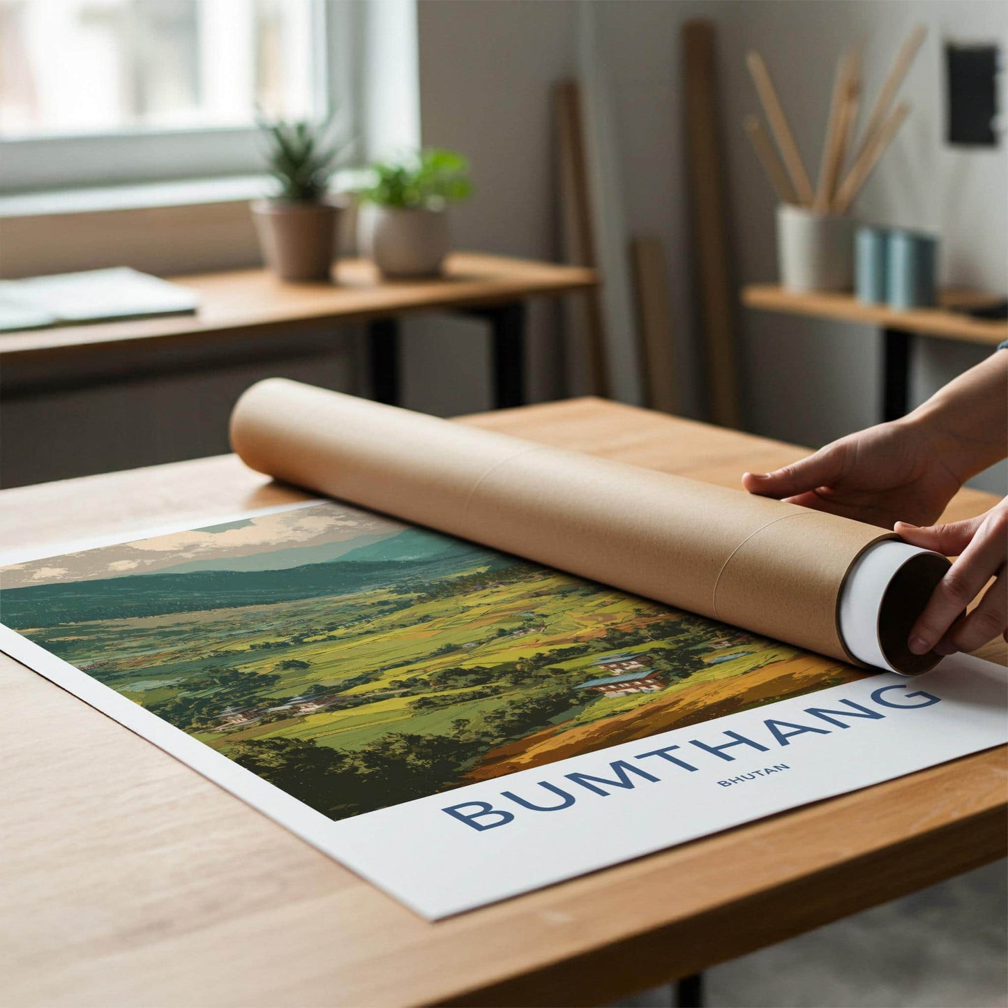 Bumthang Poster - Bhutan Travel Art - Green terraced fields Home Decor