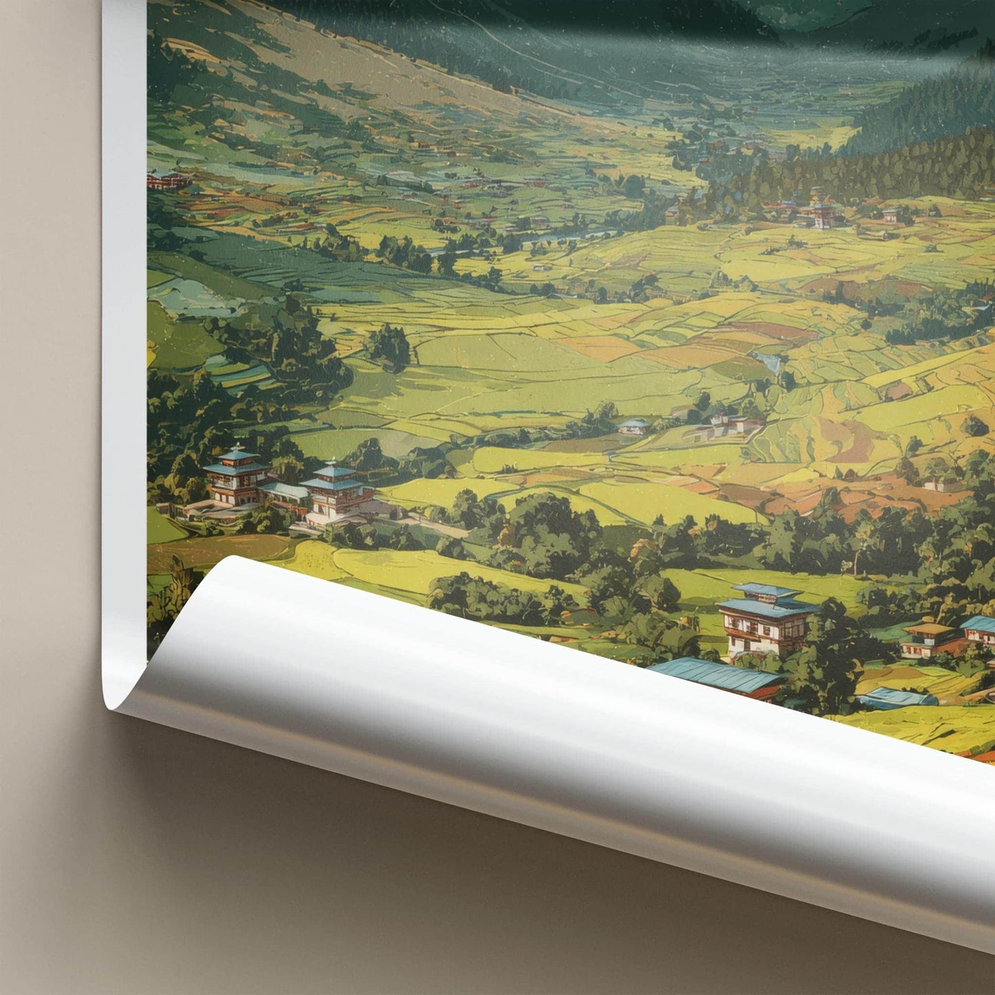 Bumthang Poster - Bhutan Travel Art - Green terraced fields Home Decor