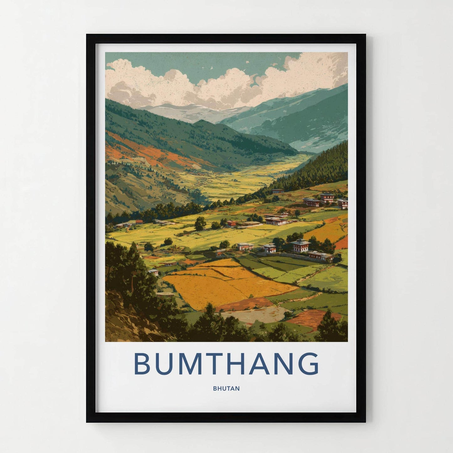 Bumthang Poster - Bhutan Travel Art - Himalayan Valley Houses Home Decor