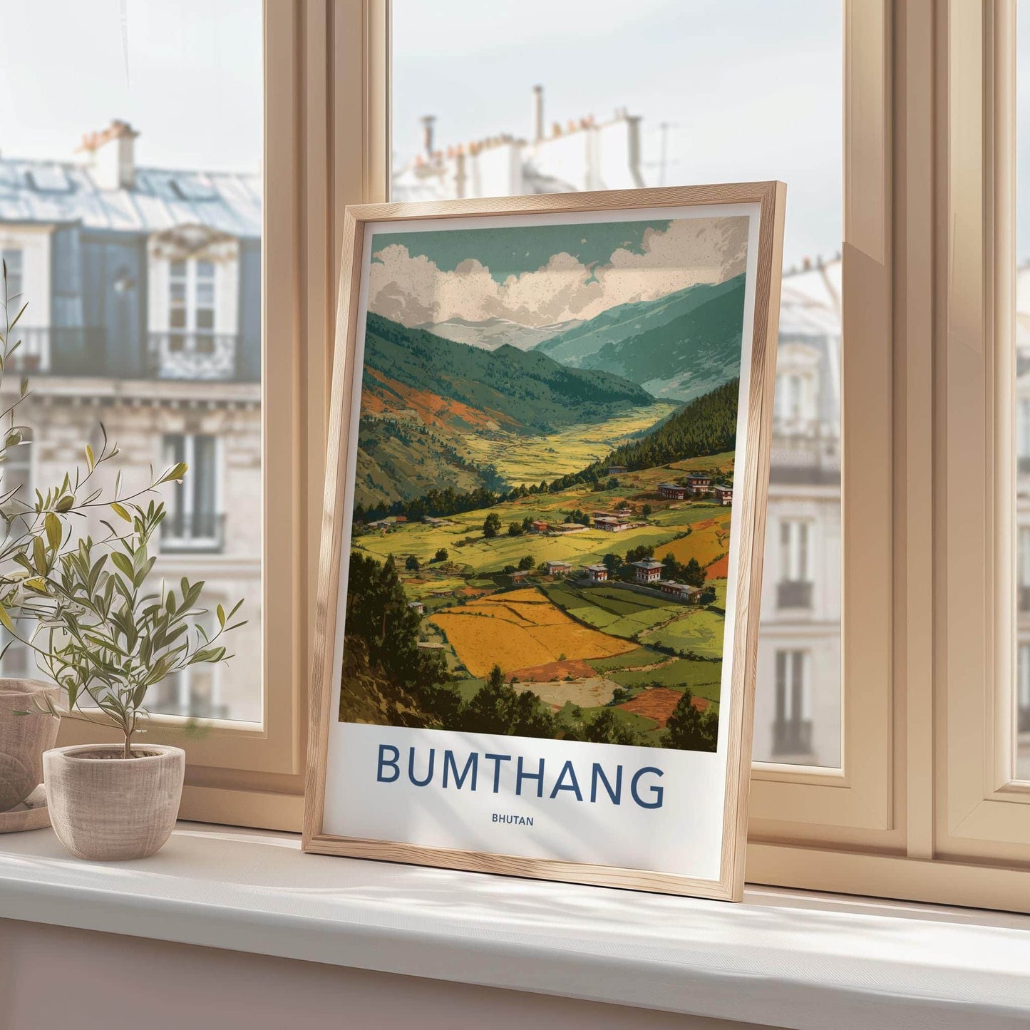 Bumthang Poster - Bhutan Travel Art - Himalayan Valley Houses Home Decor