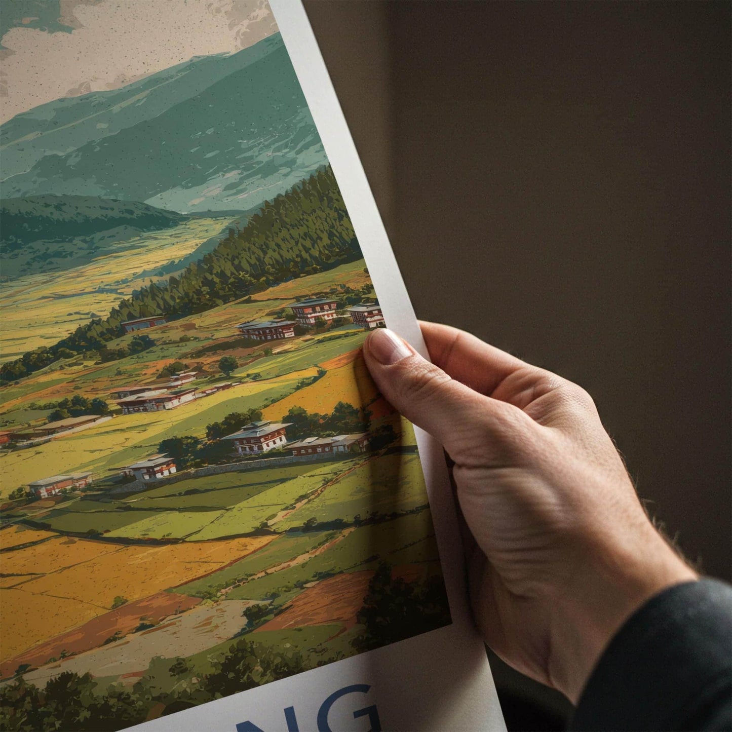 Bumthang Poster - Bhutan Travel Art - Himalayan Valley Houses Home Decor