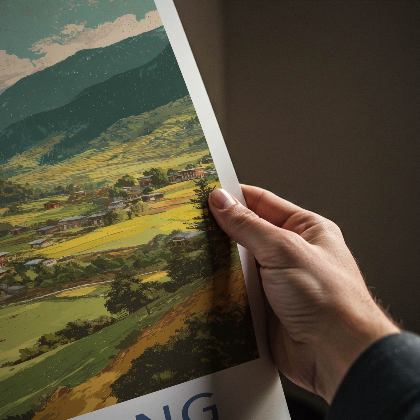 Bumthang Poster - Bhutan Travel Art - Mountain Valley Village Home Decor