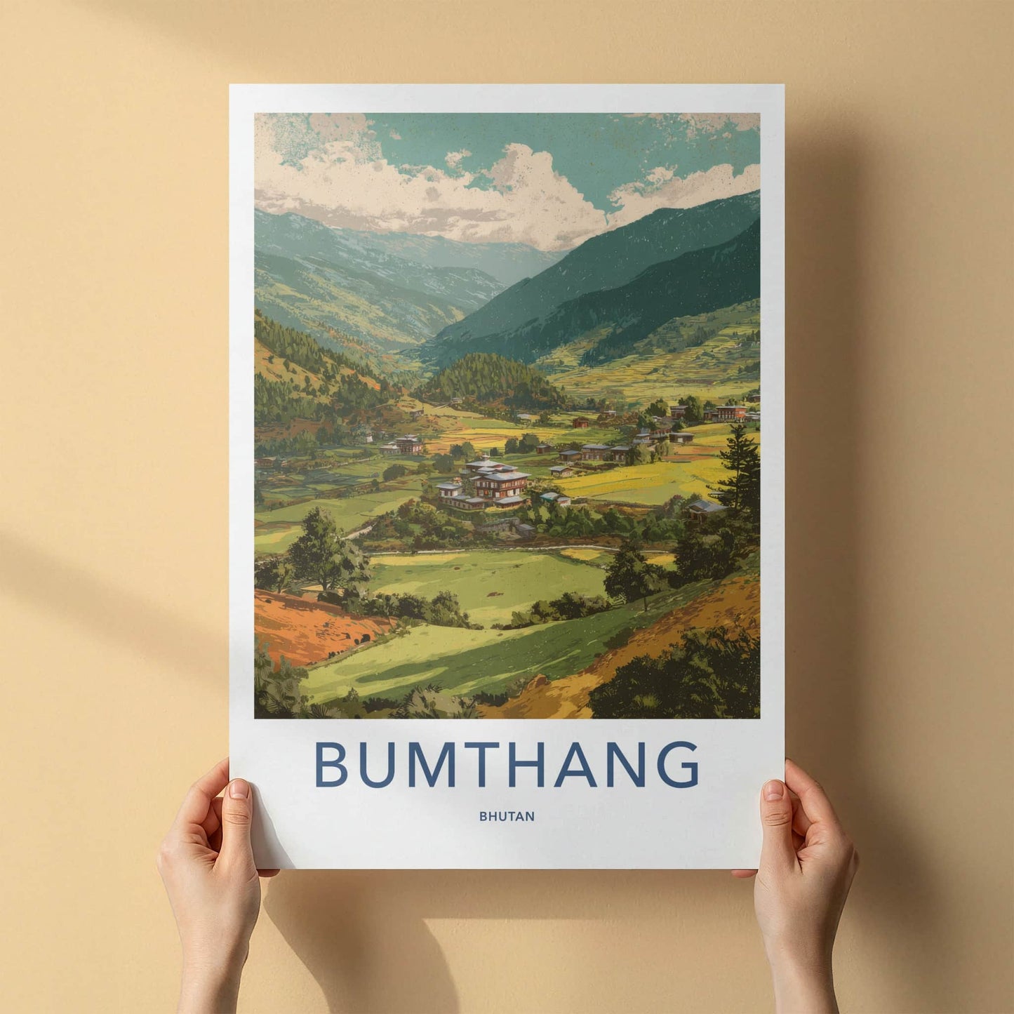 Bumthang Poster - Bhutan Travel Art - Mountain Valley Village Home Decor