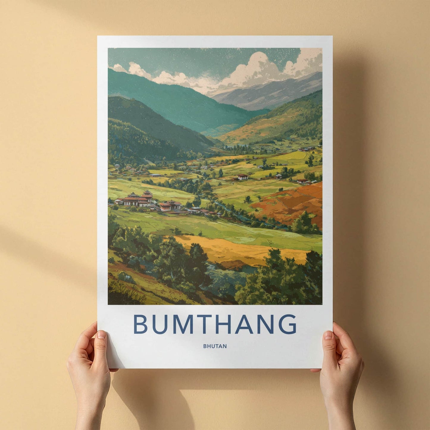 Bumthang Poster - Bhutan Travel Print - Valley Dzong Houses Home Decor