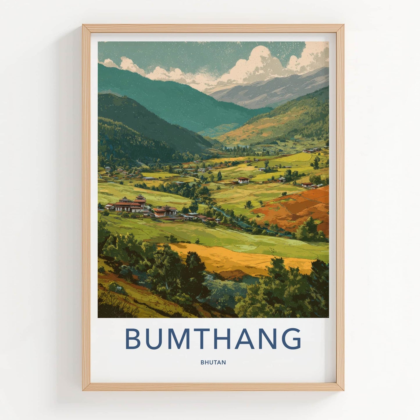 Bumthang Poster - Bhutan Travel Print - Valley Dzong Houses Home Decor