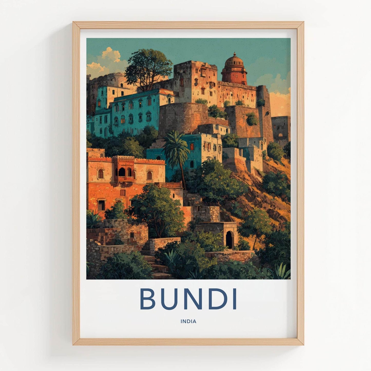 Bundi Poster - India Art Print - Rajasthan Hillside Cityscape Art Home Decor