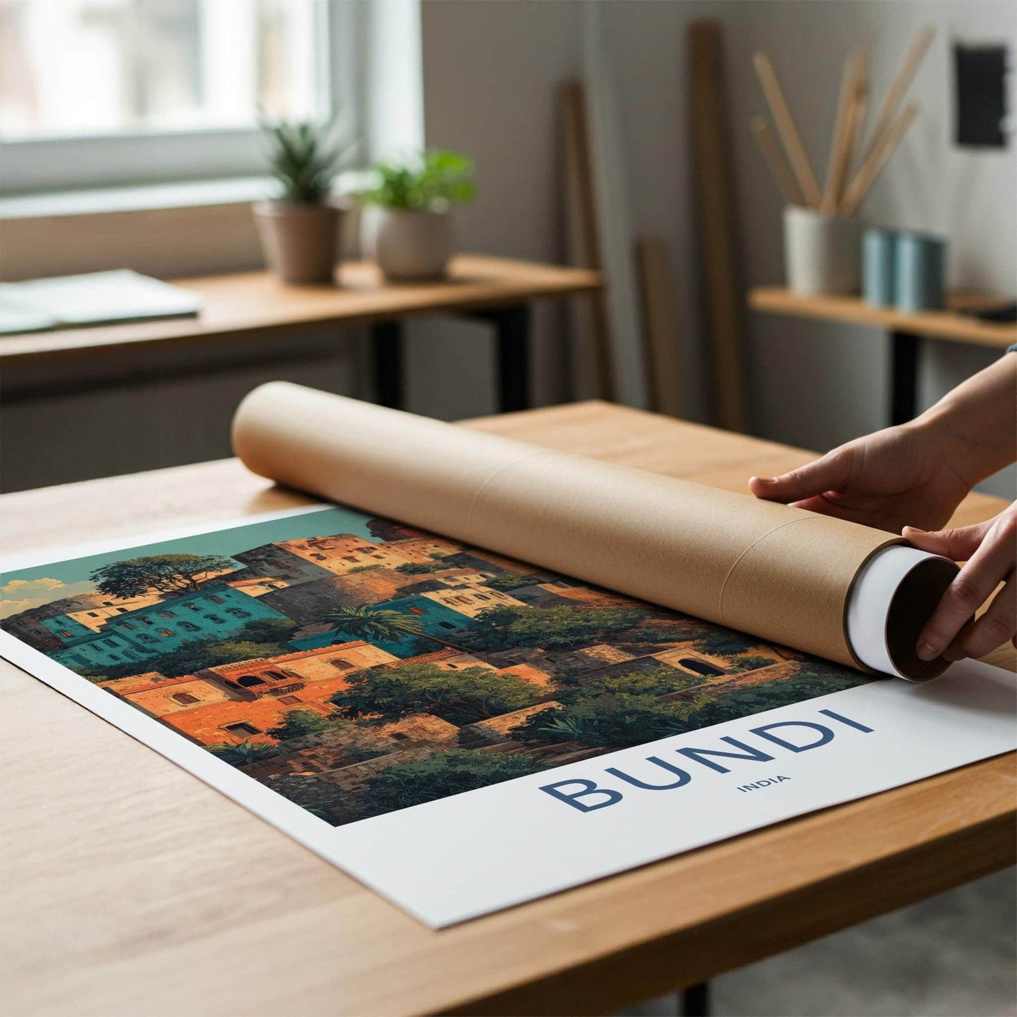 Bundi Poster - India Art Print - Rajasthan Hillside Cityscape Art Home Decor