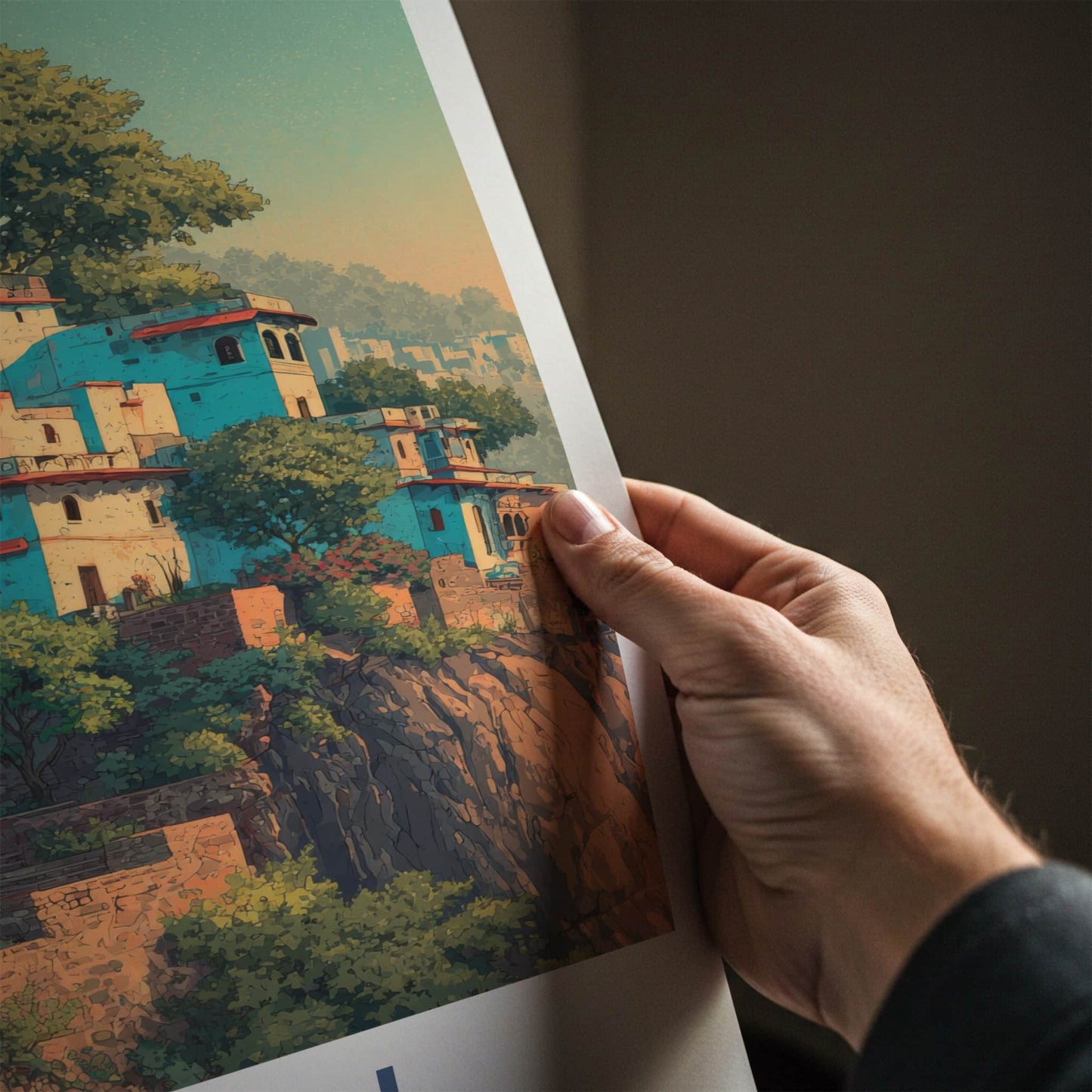Bundi Poster - India Travel Art - Rajasthan Hillside Houses Home Decor