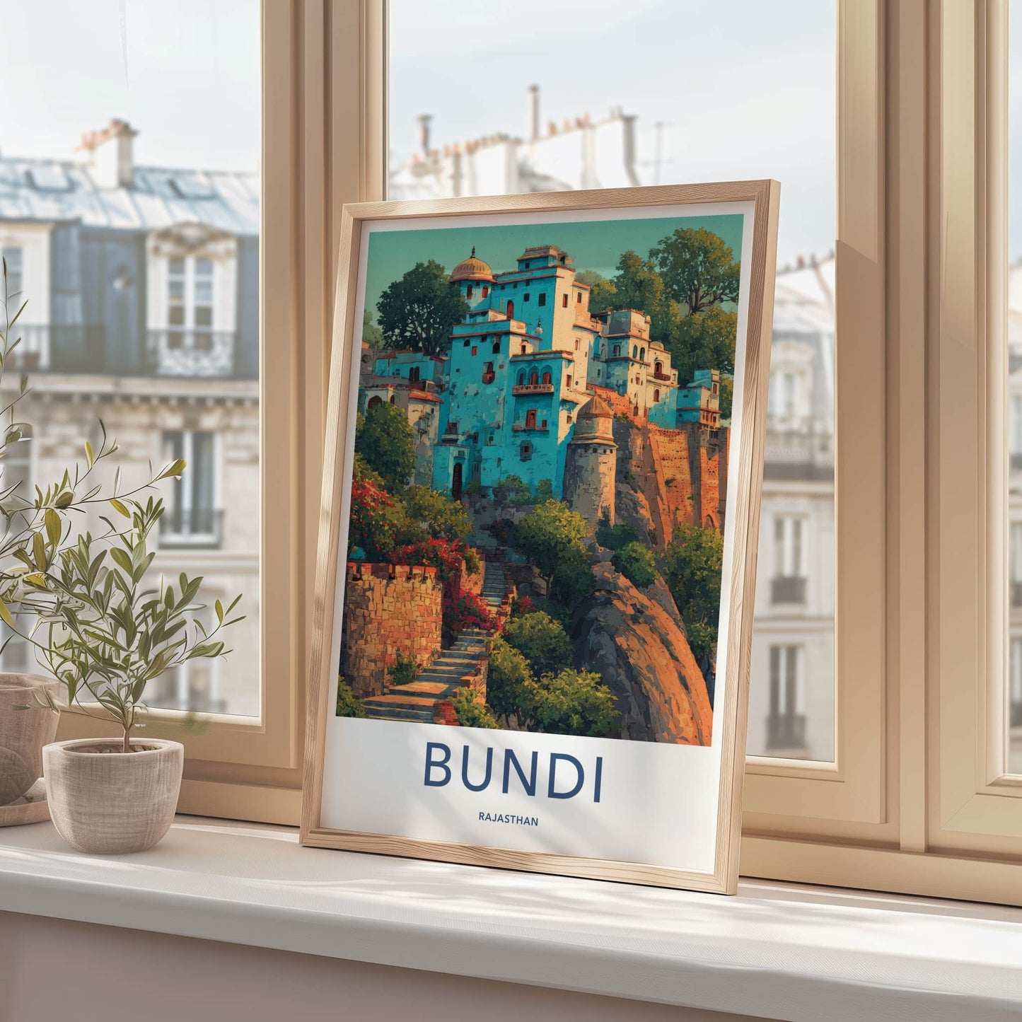 Bundi Poster - India Travel Print - Rajasthan Hillside Houses Home Decor