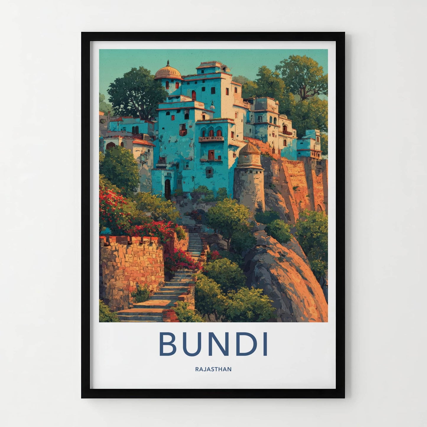 Bundi Poster - India Travel Print - Rajasthan Hillside Houses Home Decor