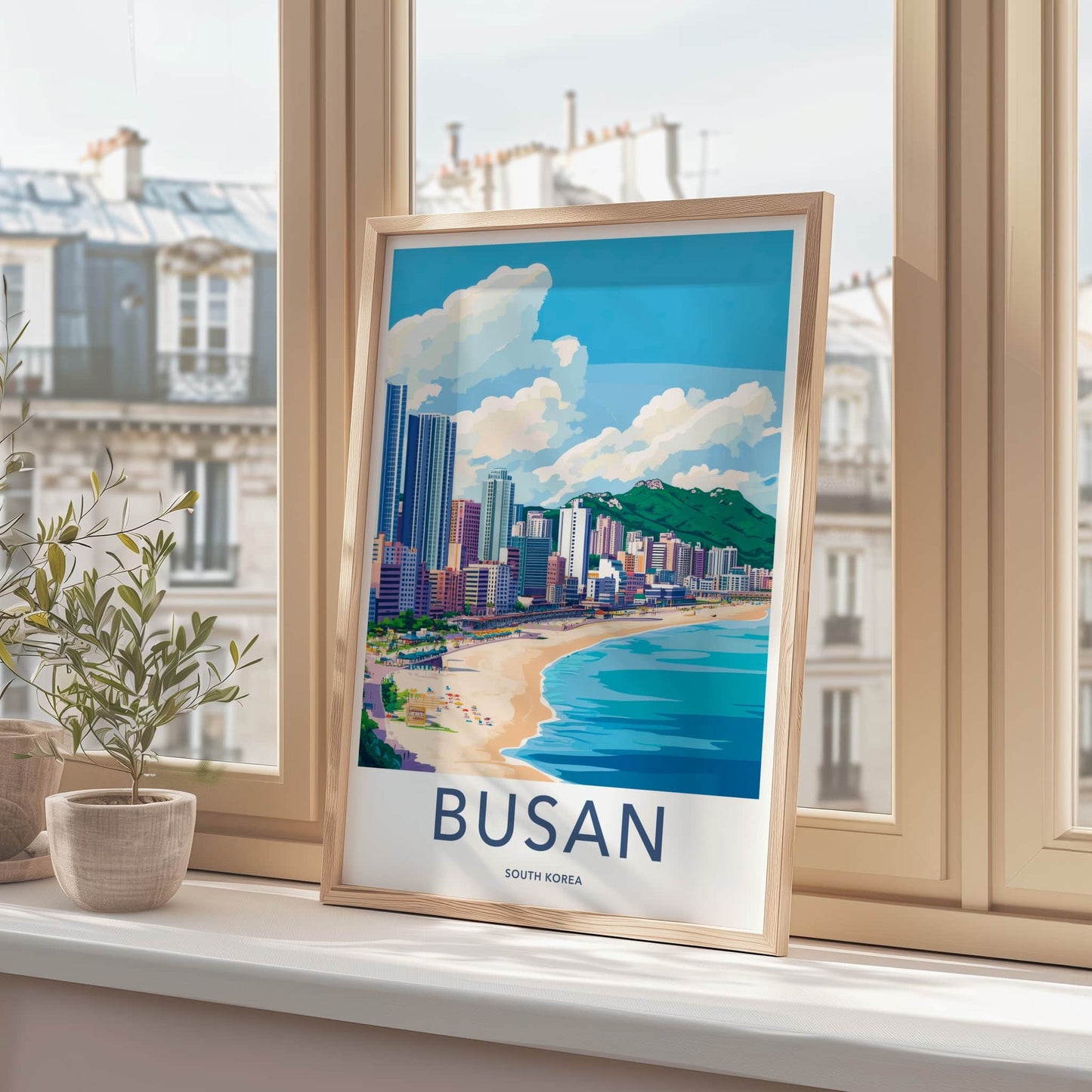 Busan Poster - South Korea Travel Art - Coastal Cityscape Mountains Wall Decor