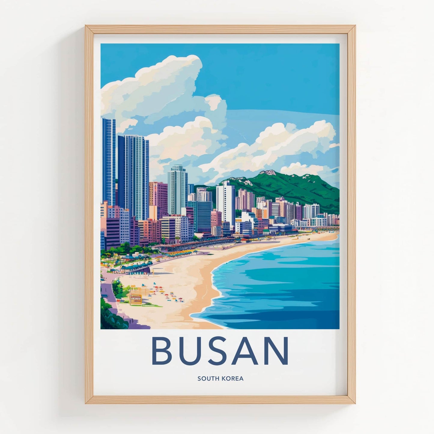 Busan Poster - South Korea Travel Art - Coastal Cityscape Mountains Wall Decor