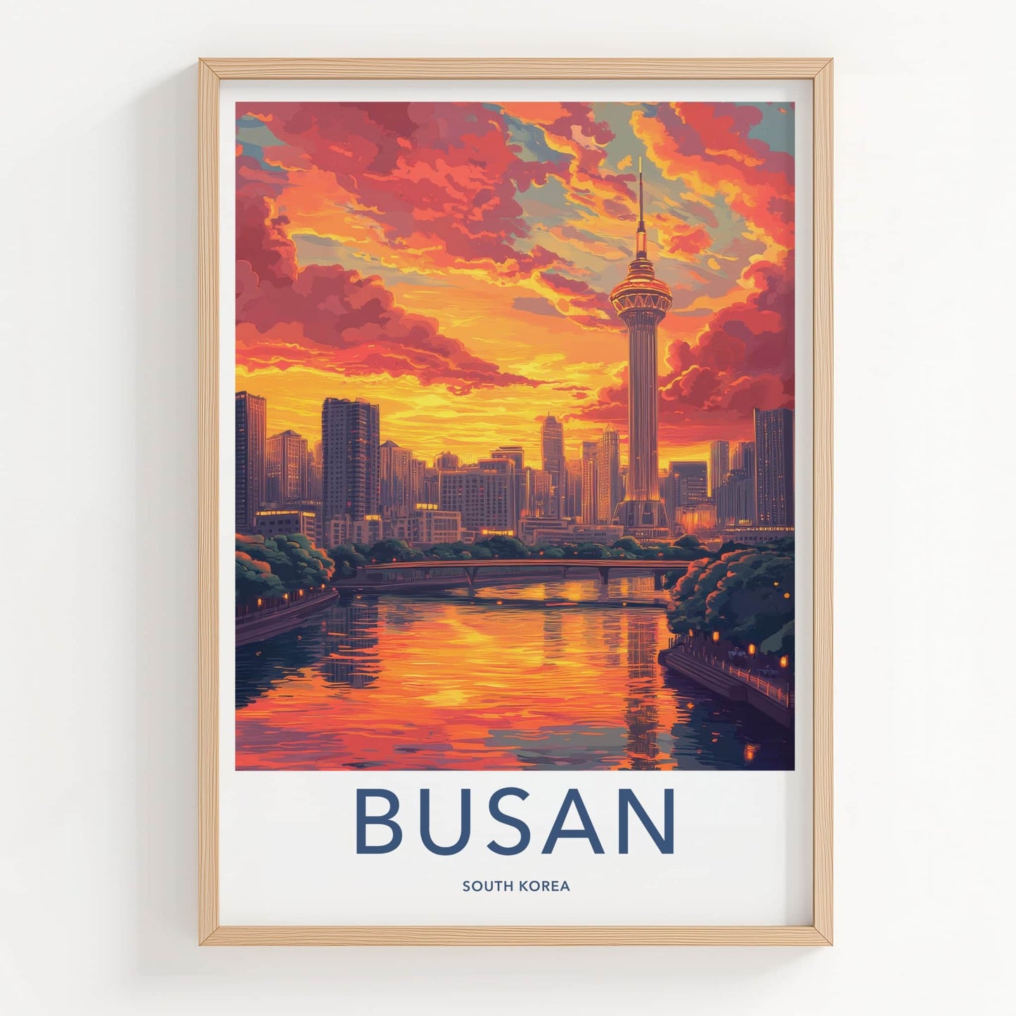 Busan Poster - South Korea Travel Art - Fiery Sunset Skyline Home Decor