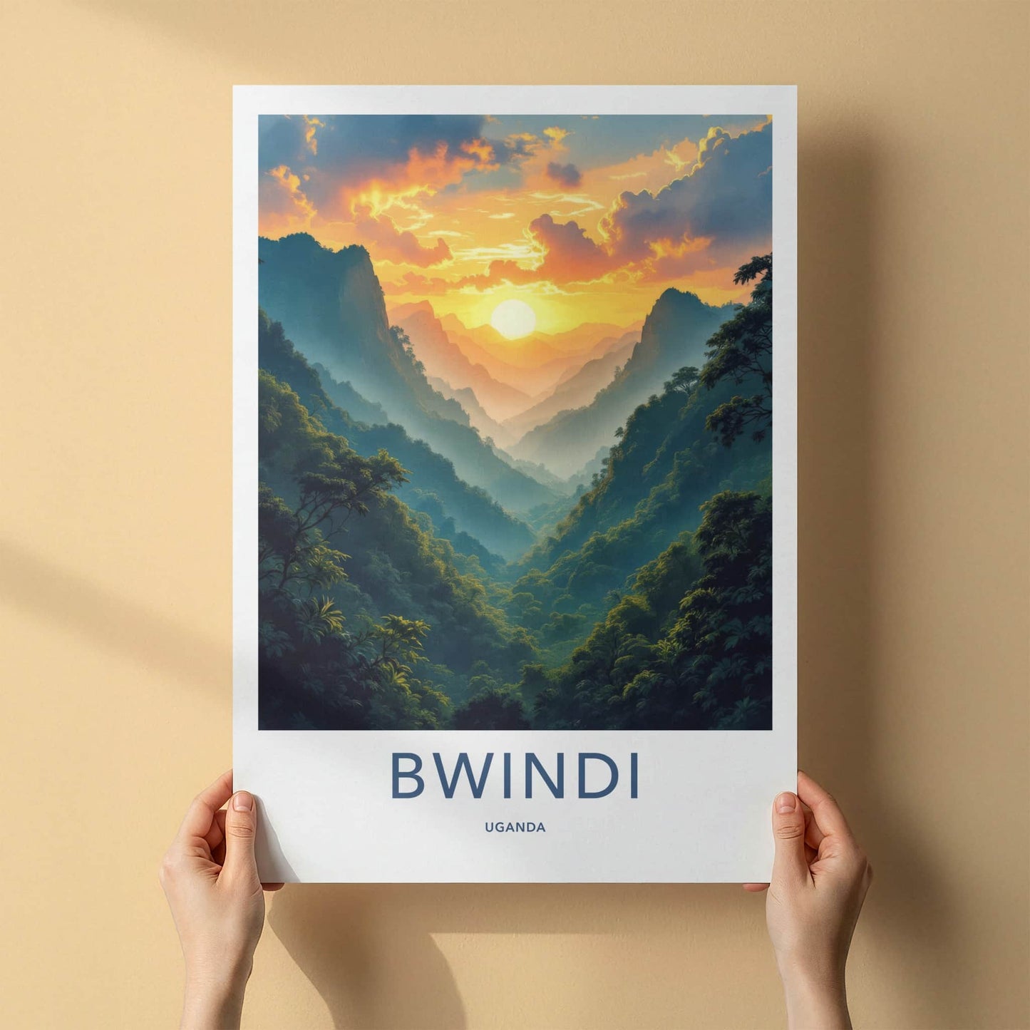 Bwindi Poster - Uganda Travel Art - Misty Mountain Sunset Home Decor