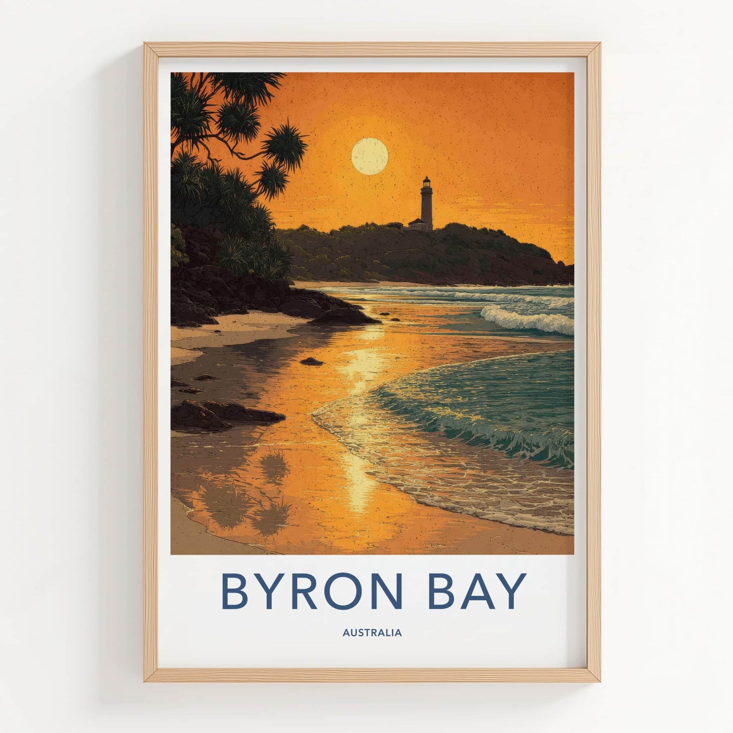 Byron Bay Poster - Australia Travel Art - Coastal Lighthouse Sunset Home Decor