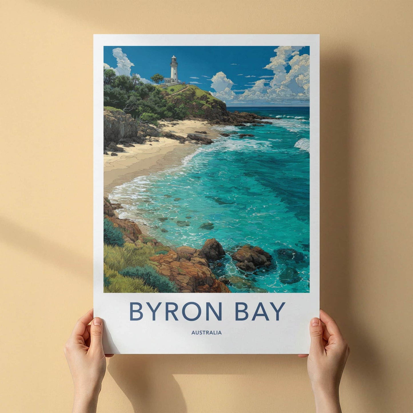 Byron Bay Poster - Australia Travel Art - White Lighthouse Seascape Home Decor