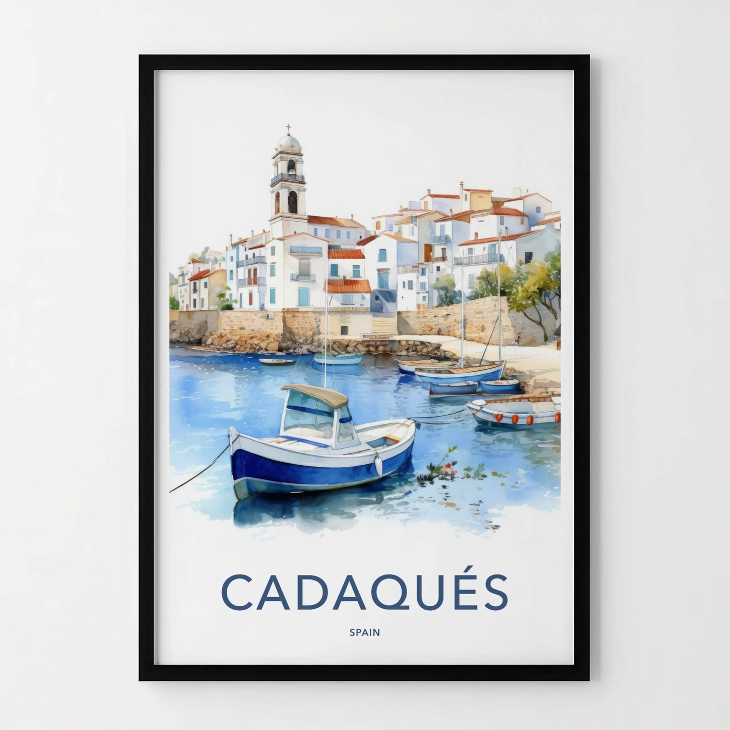 Cadaques Poster - Spain Travel Art - White Village Boats Home Decor