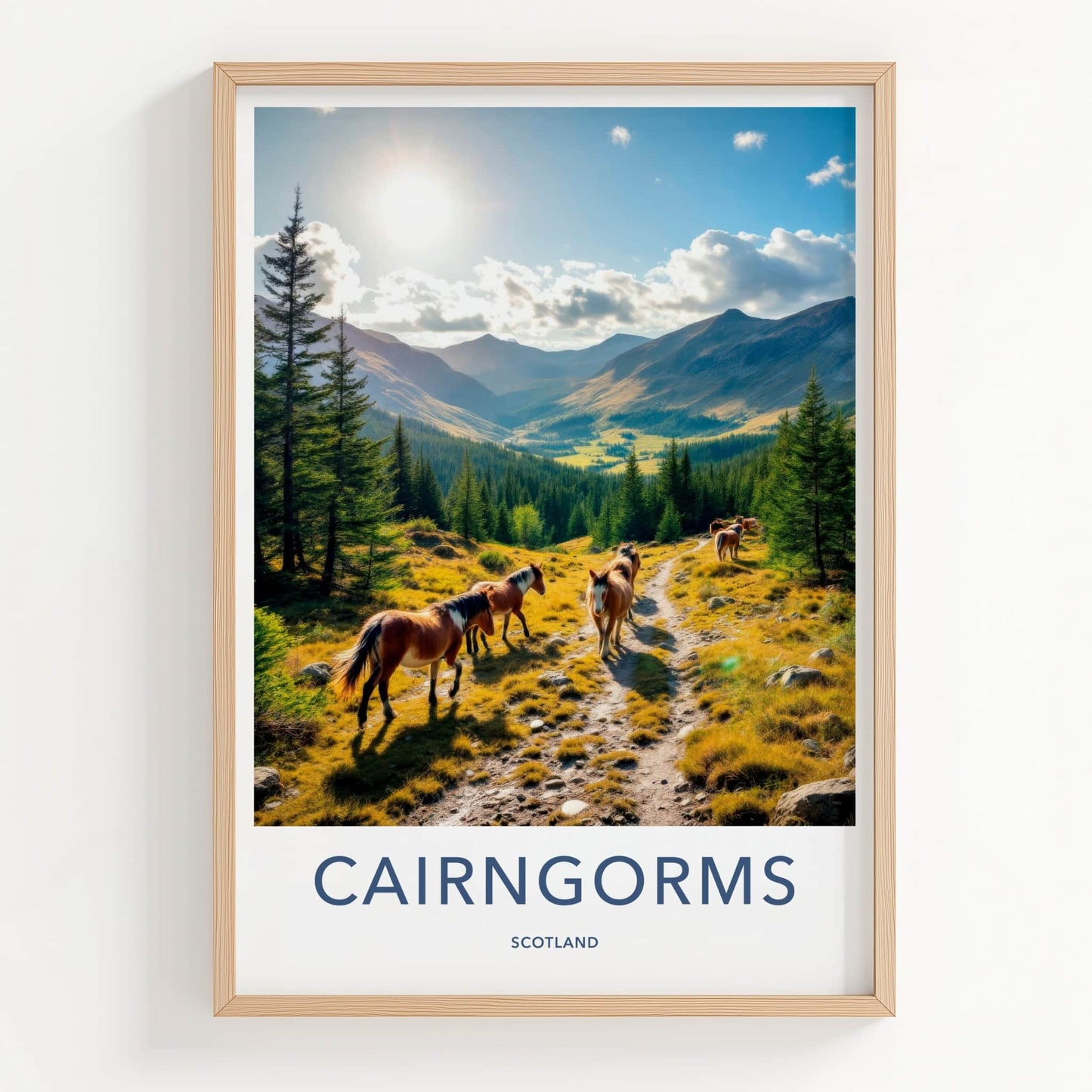 Cairngorms Poster - Scotland Travel Art - Mountain Path Horses Home Decor
