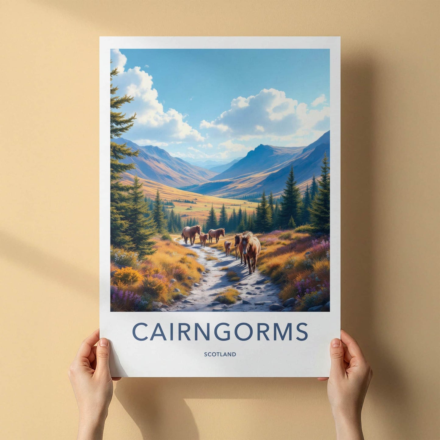 Cairngorms Poster - Scotland Travel Art - Mountain Trail Horses Home Decor