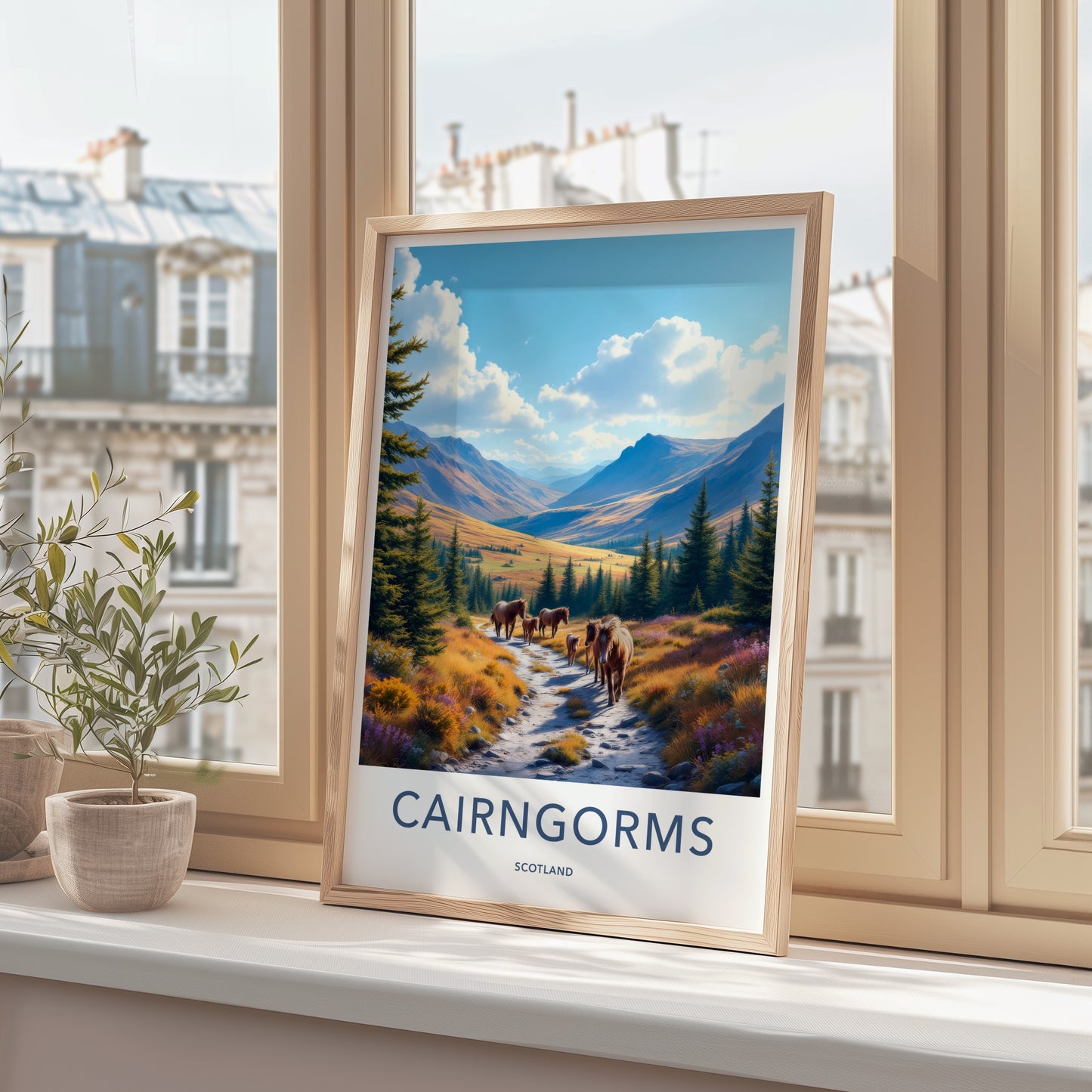 Cairngorms Poster - Scotland Travel Art - Mountain Trail Horses Home Decor