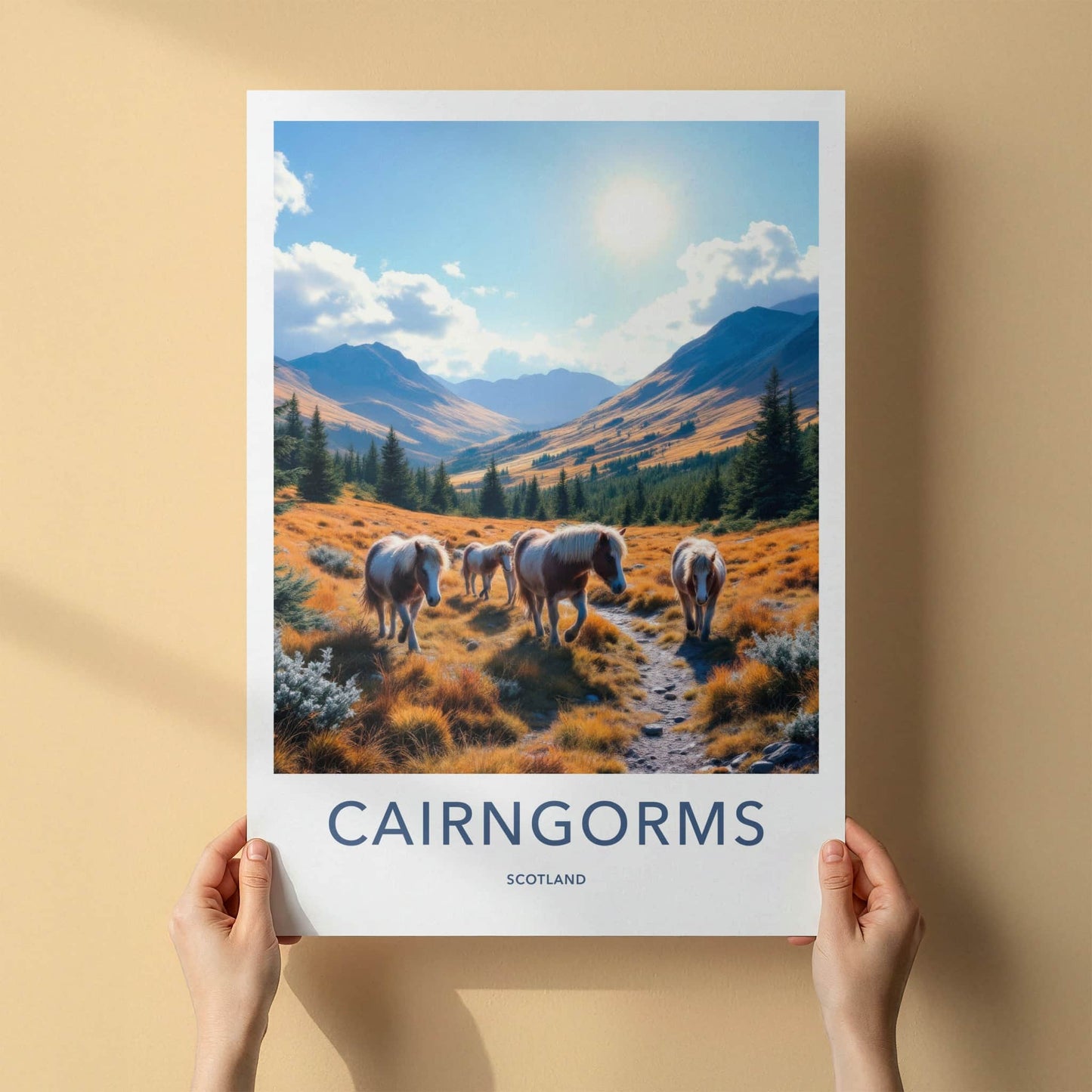 Cairngorms Poster - Scotland Travel Art - Wild Ponies Mountains Home Decor