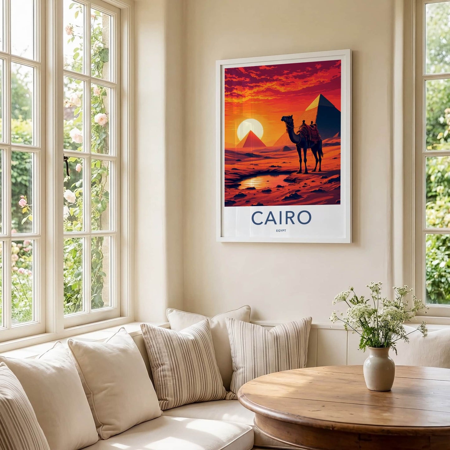 Cairo Poster - Egypt Framed Print - Camel Desert Sunset Lounge Decor