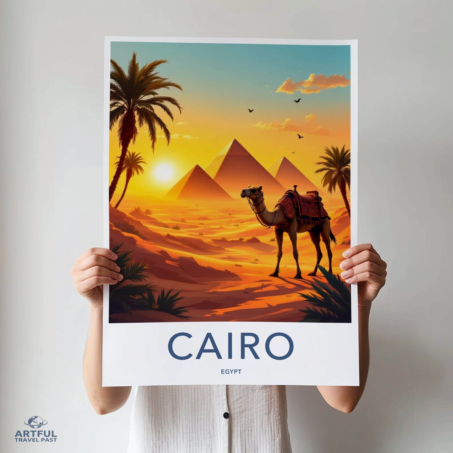 Cairo Poster - Egypt Travel Art - Ancient Pyramids Camel Home Decor