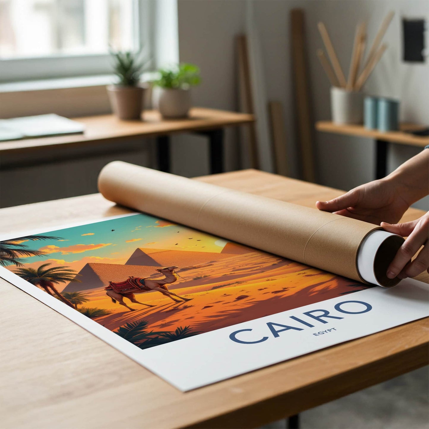Cairo Poster - Egypt Travel Art - Camel Desert Pyramids Home Decor