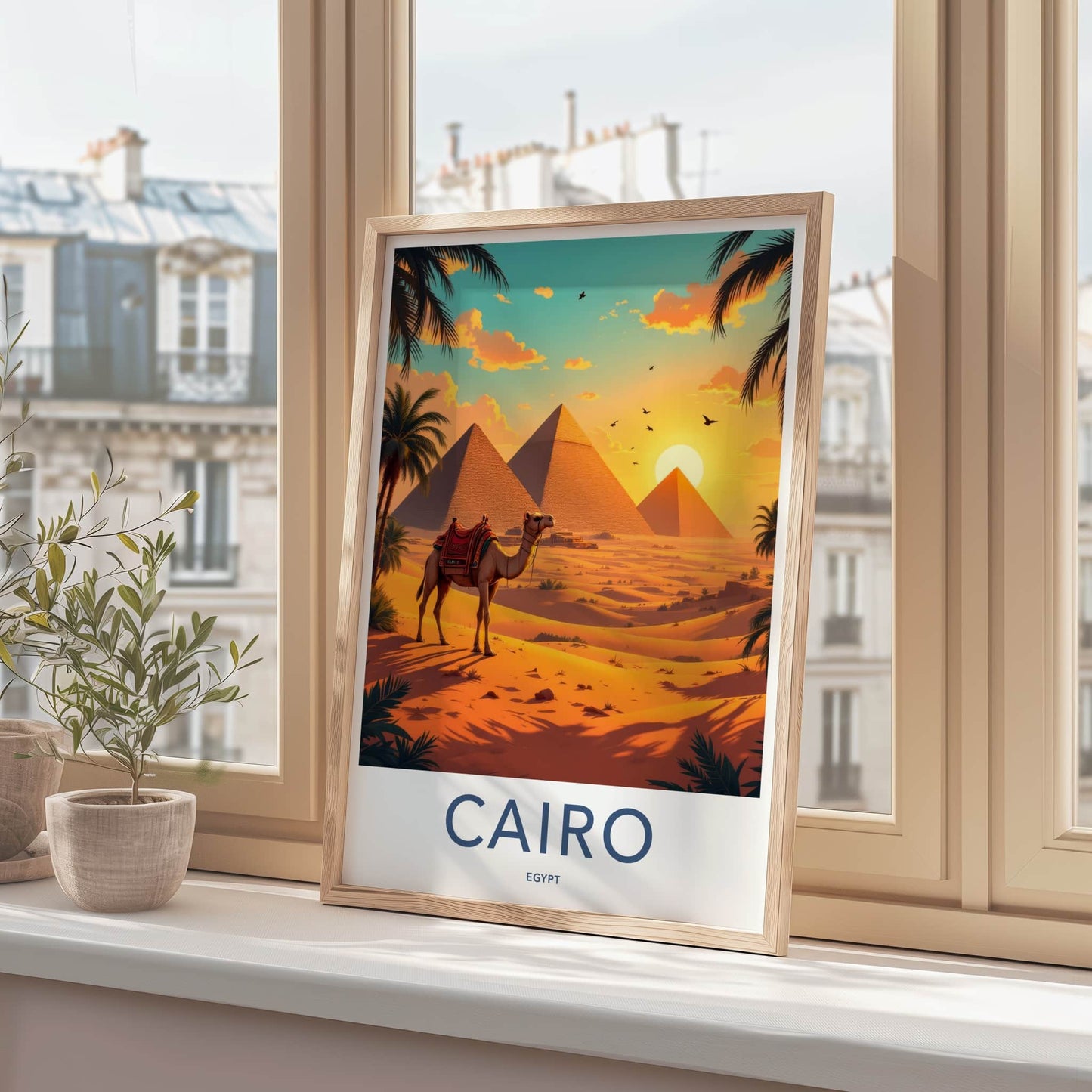 Cairo Poster - Egypt Travel Art - Camel Desert Pyramids Home Decor