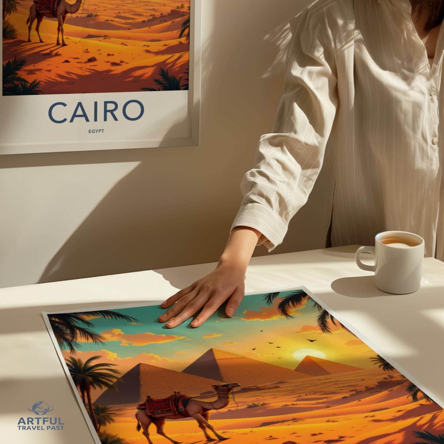 Cairo Poster - Egypt Travel Art - Camel Desert Pyramids Home Decor