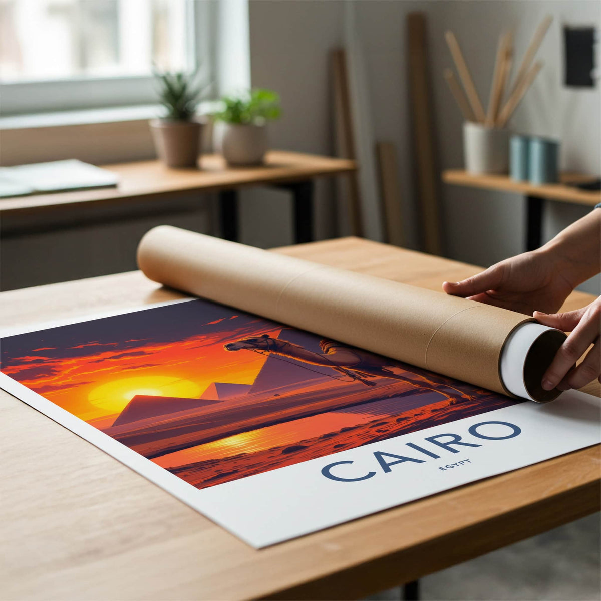 Cairo Poster - Egypt Travel Art - Camel Desert Sunset Home Decor