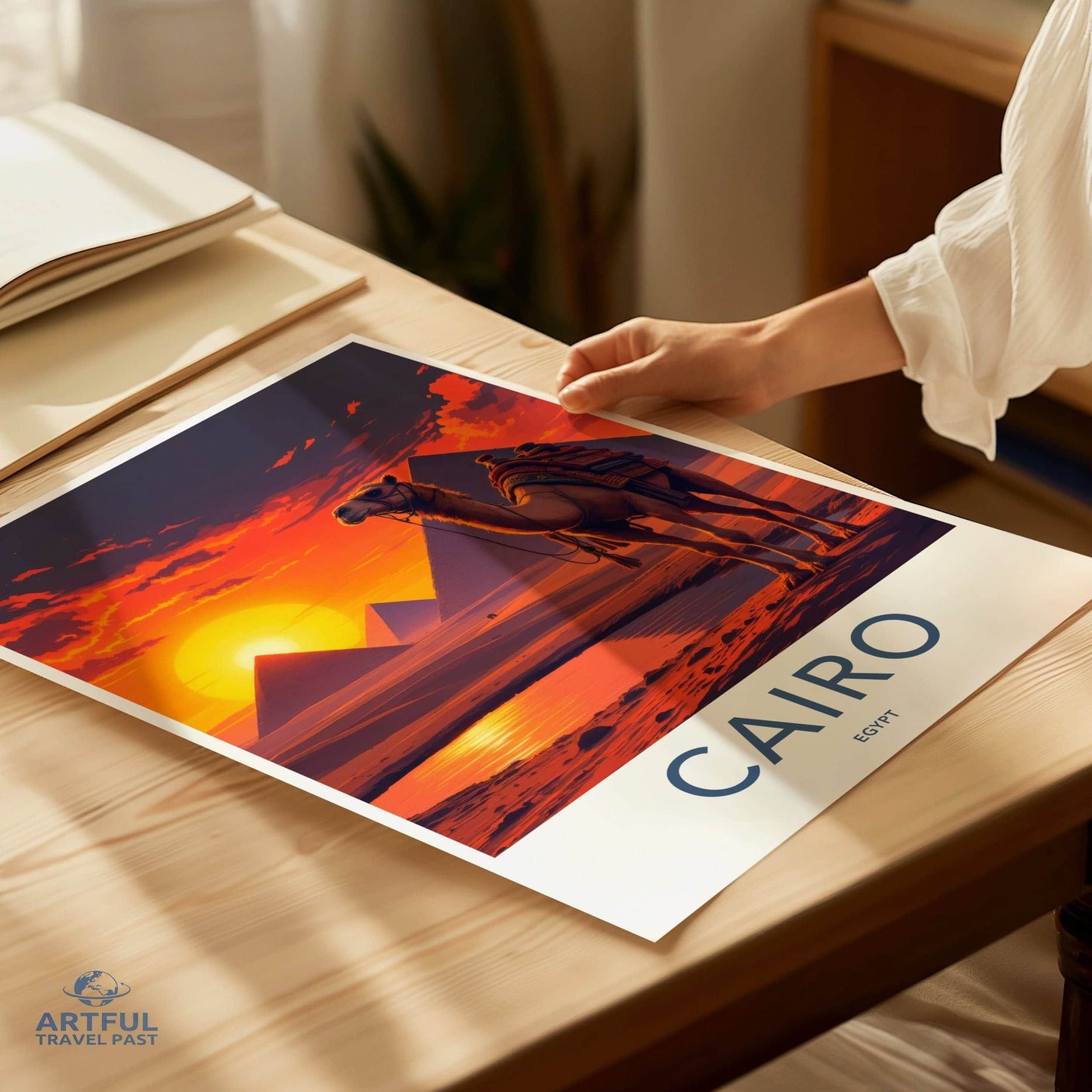 Cairo Poster - Egypt Travel Art - Camel Desert Sunset Home Decor