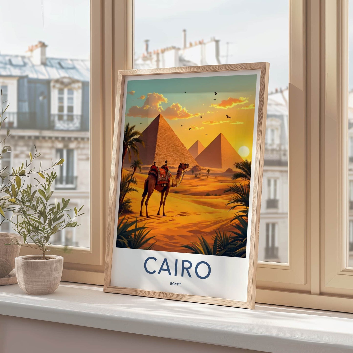 Cairo Poster - Egypt Travel Art - Camel Pyramid Desert Home Decor