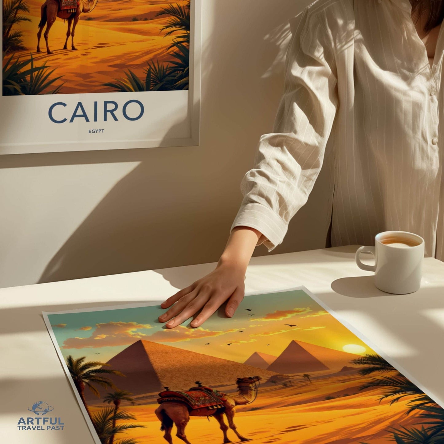 Cairo Poster - Egypt Travel Art - Camel Pyramid Desert Home Decor
