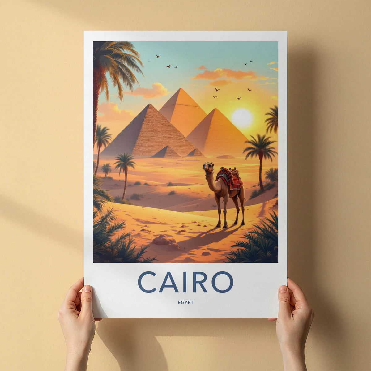 Cairo Poster - Egypt Travel Art - Desert Pyramids Camel Home Decor