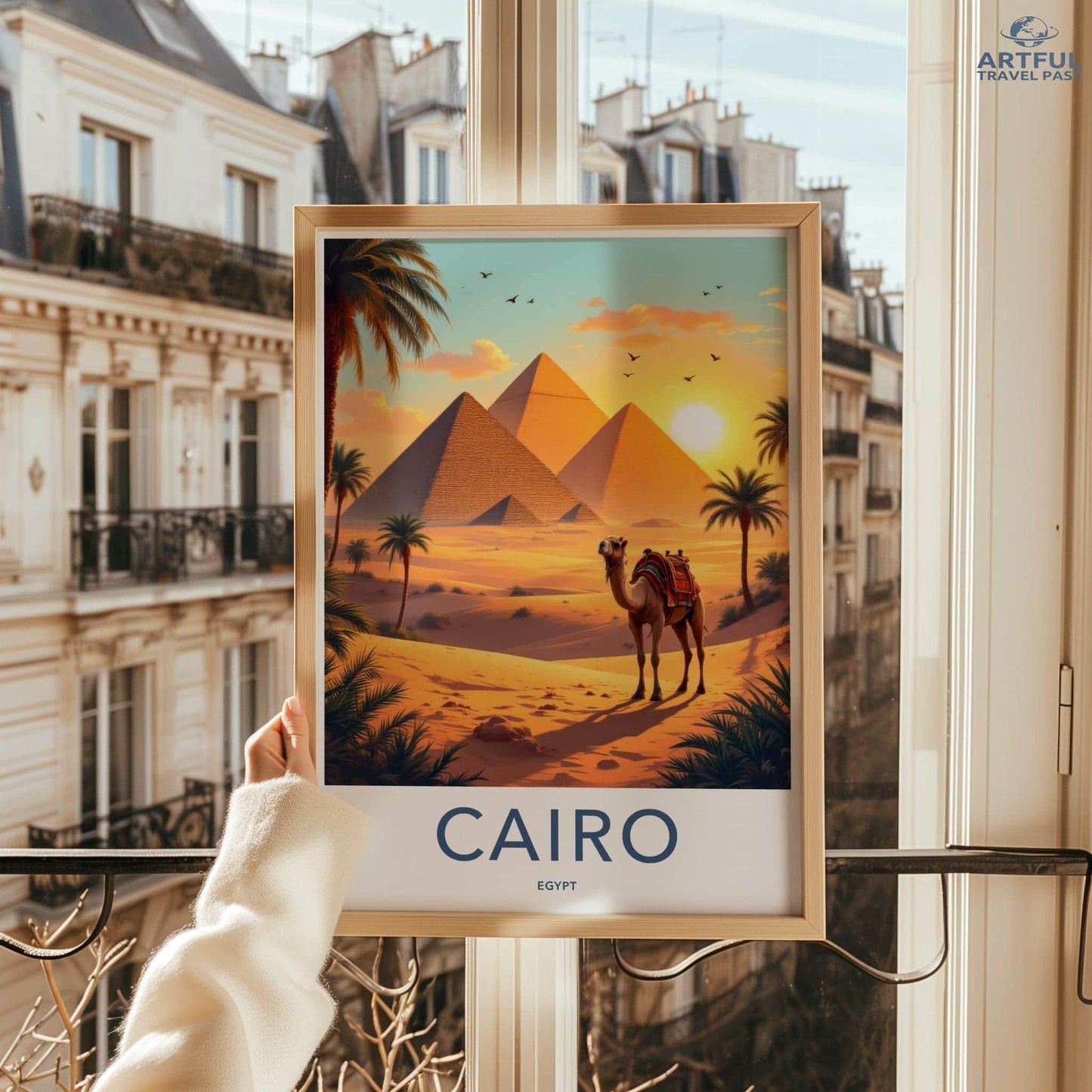 Cairo Poster - Egypt Travel Art - Desert Pyramids Camel Home Decor