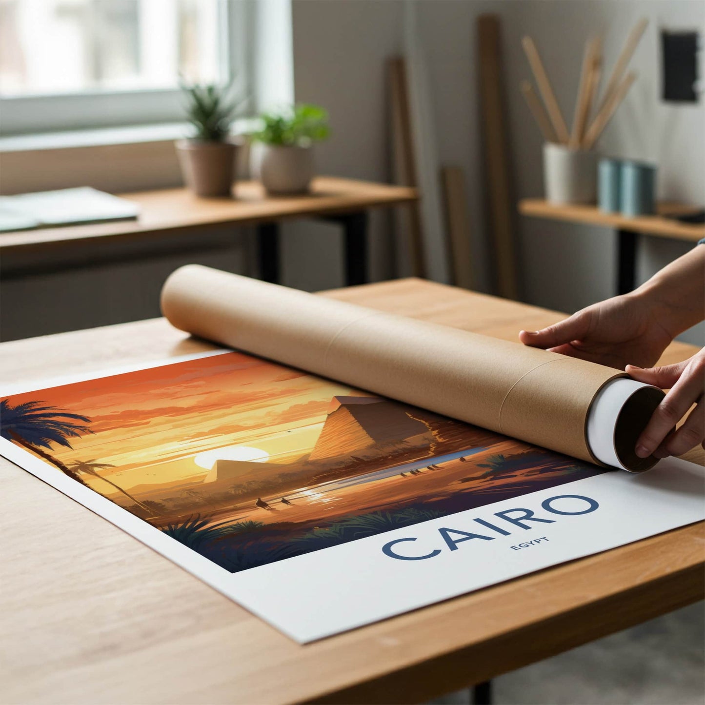 Cairo Poster - Egypt Travel Art - Desert Pyramids Sunset Home Decor