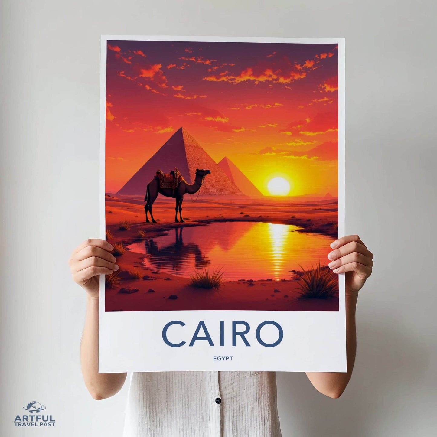 Cairo Poster - Egypt Travel Art - Desert Sunset Camel Home Decor