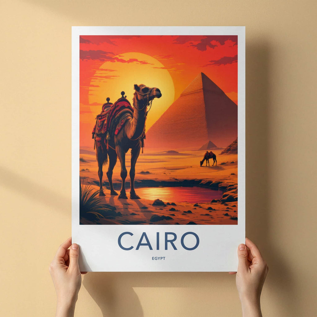 Cairo Poster - Egypt Travel Art - Desert Sunset Pyramids Home Decor