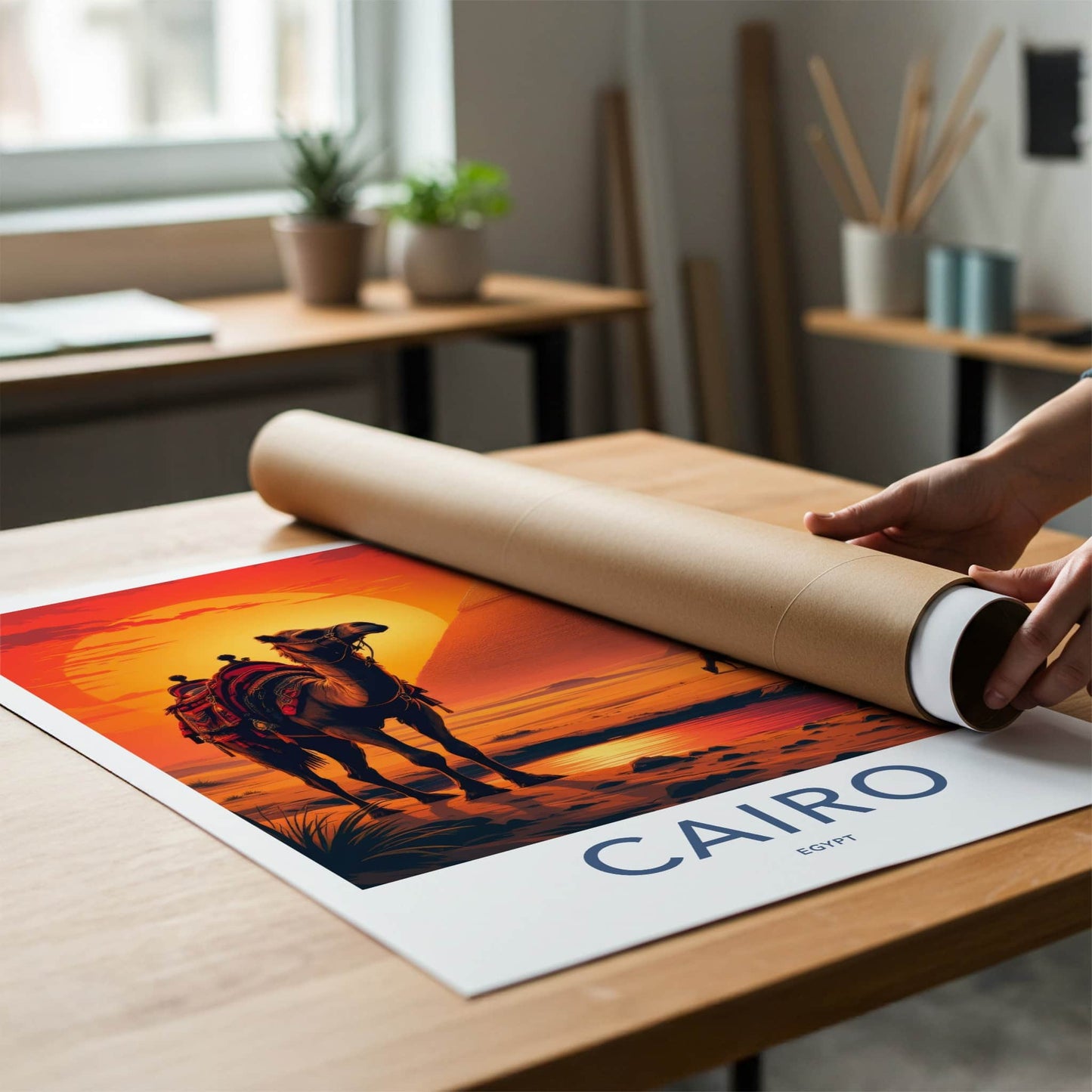 Cairo Poster - Egypt Travel Art - Desert Sunset Pyramids Home Decor
