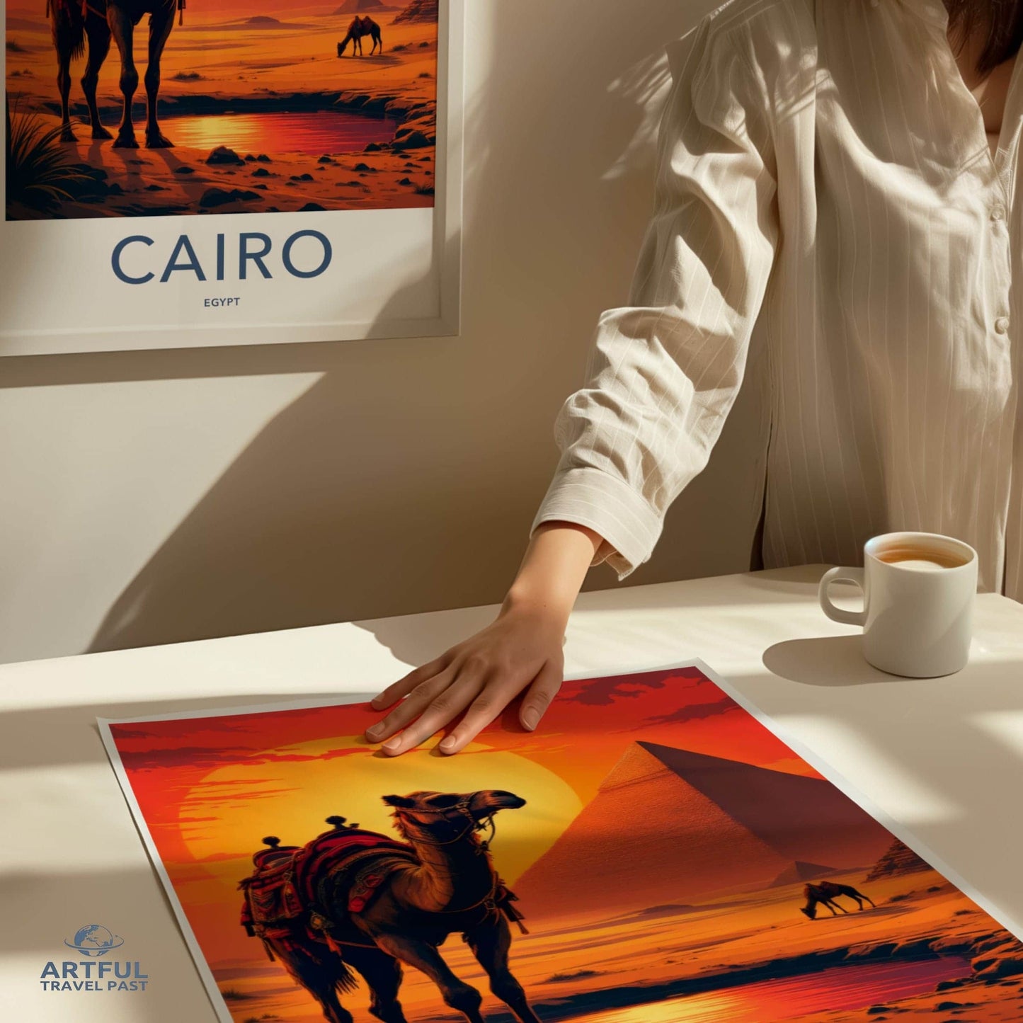 Cairo Poster - Egypt Travel Art - Desert Sunset Pyramids Home Decor