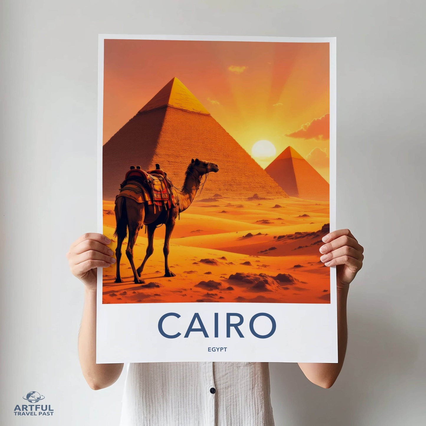 Cairo Poster - Egypt Travel Art - Desert Sunset Pyramids Home Decor
