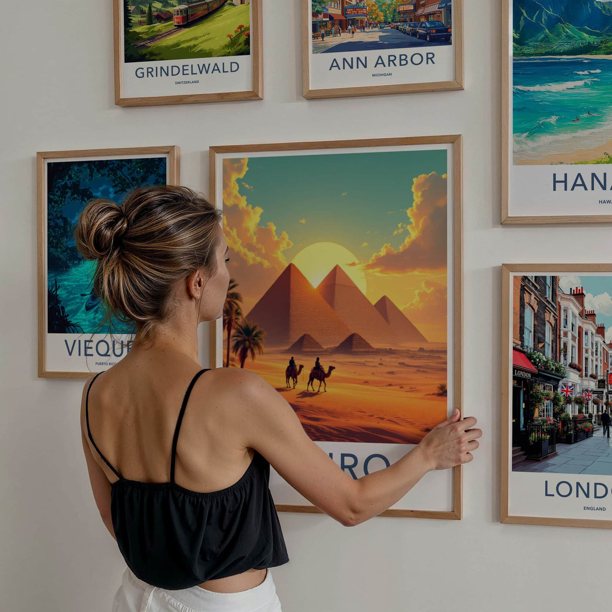 Cairo Poster - Egypt Travel Art - Desert Sunset Pyramids Home Decor