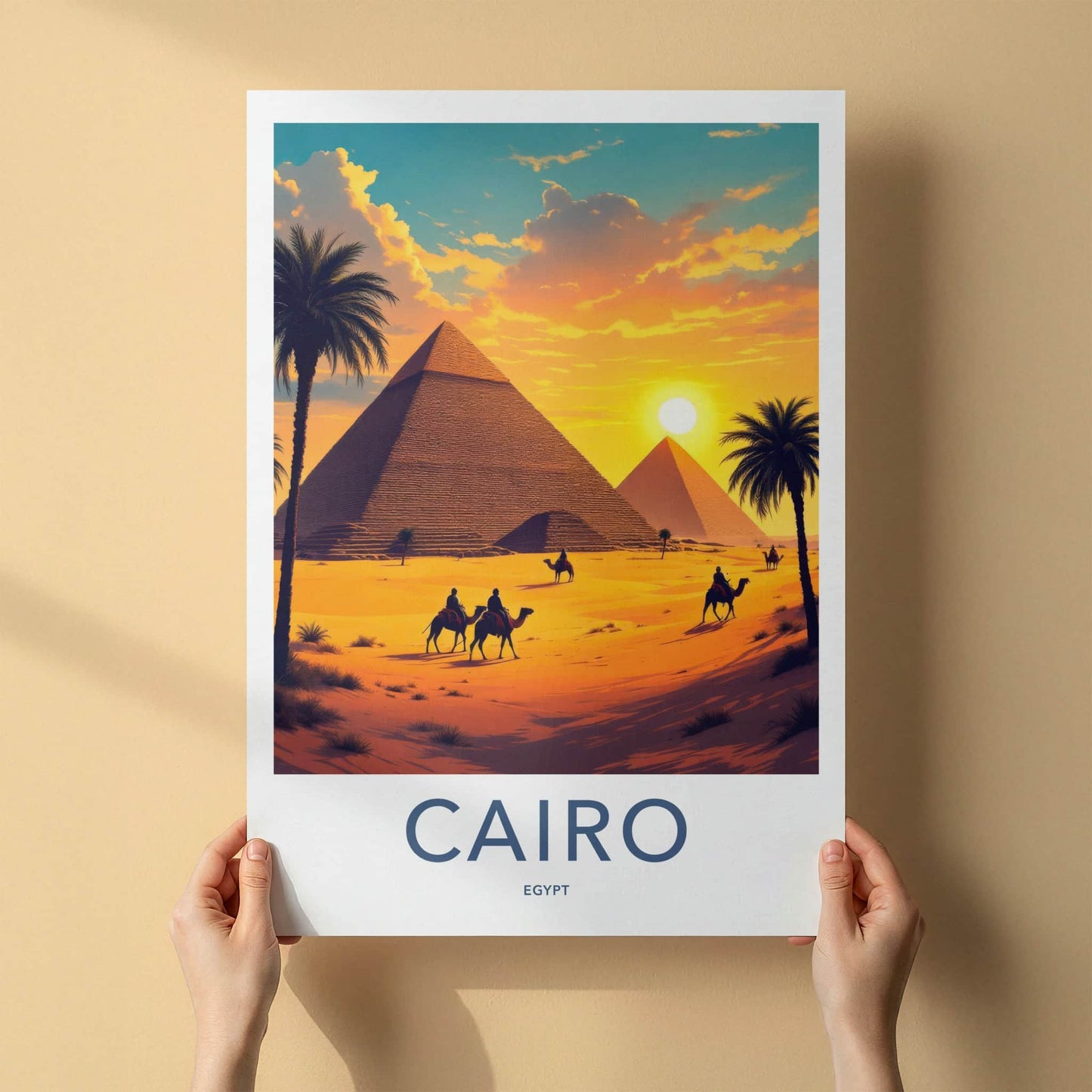Cairo Poster - Egypt Travel Art - Golden Pyramids Sunset Home Decor