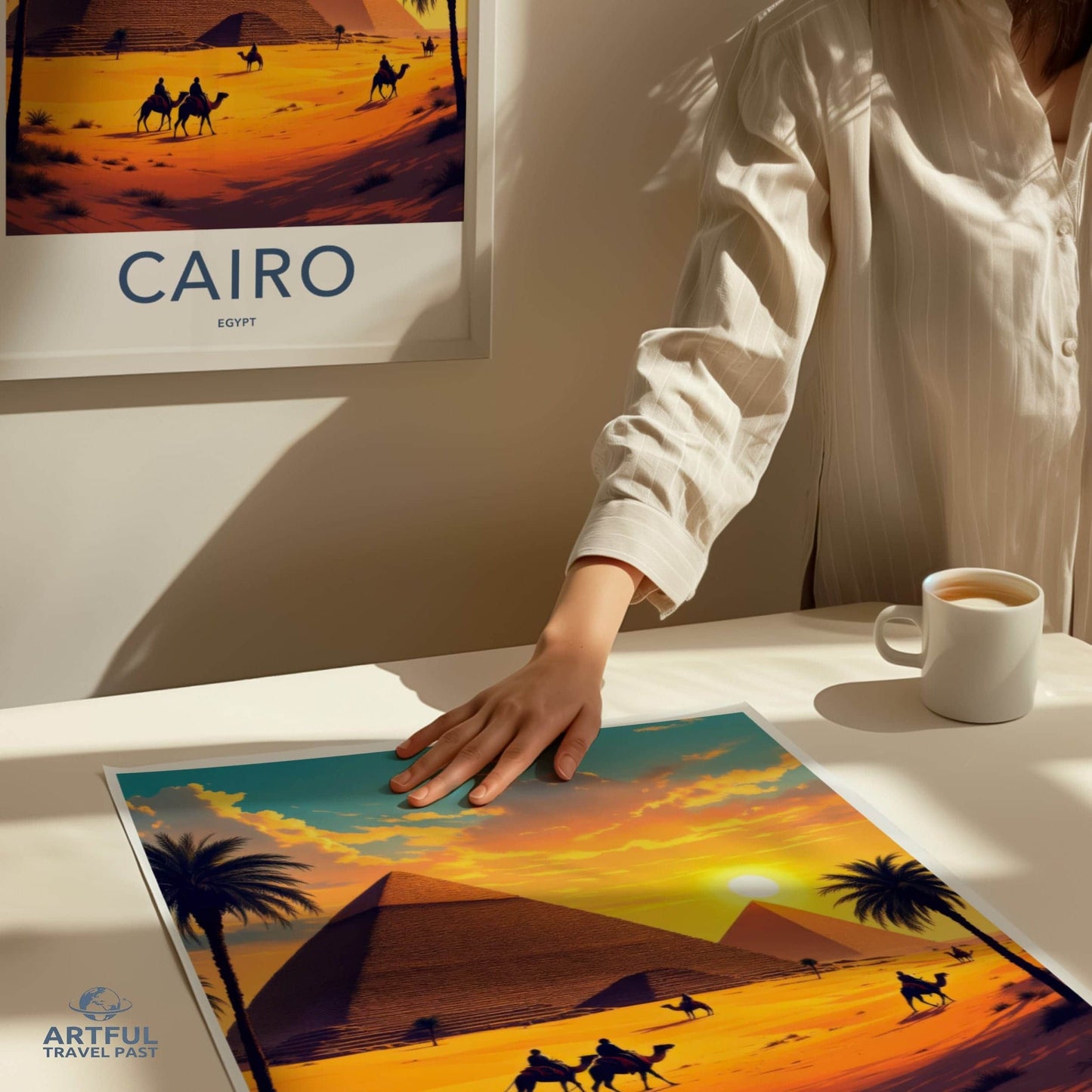 Cairo Poster - Egypt Travel Art - Golden Pyramids Sunset Home Decor