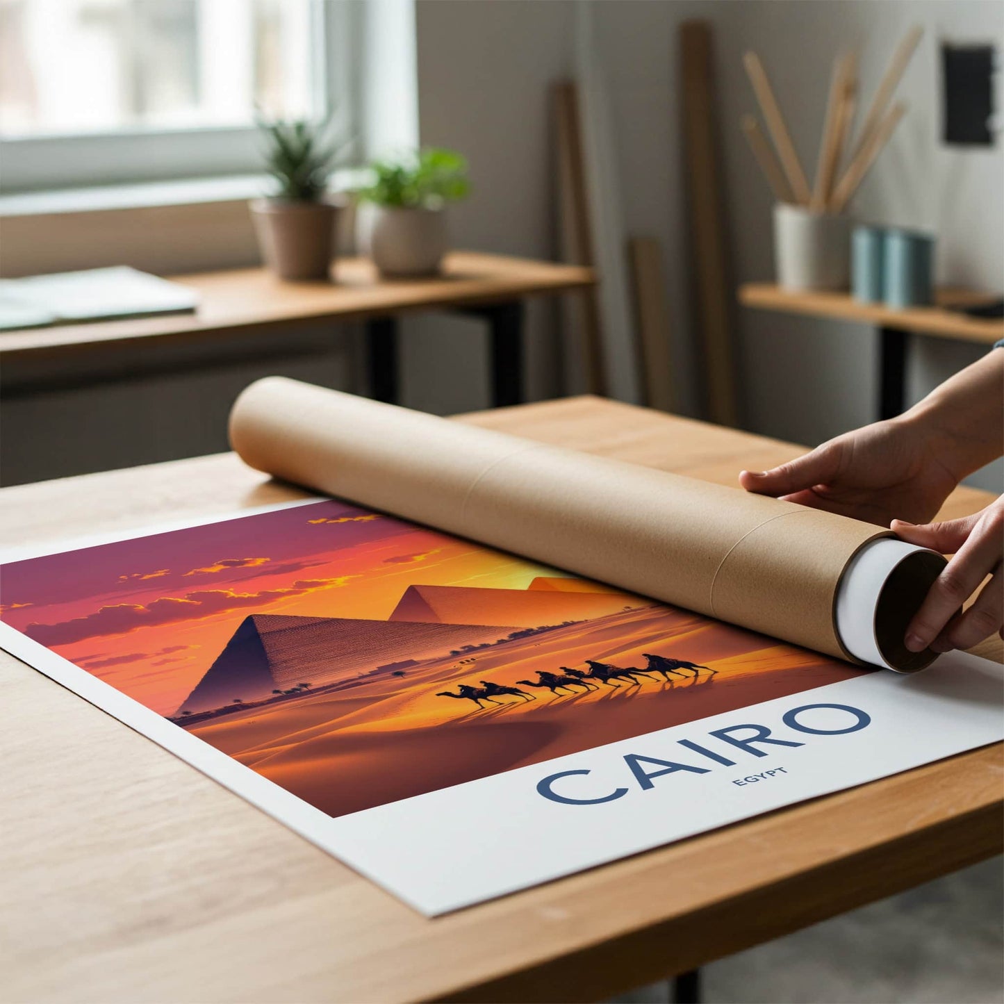 Cairo Poster - Egypt Travel Art - Golden Pyramids Sunset Home Decor