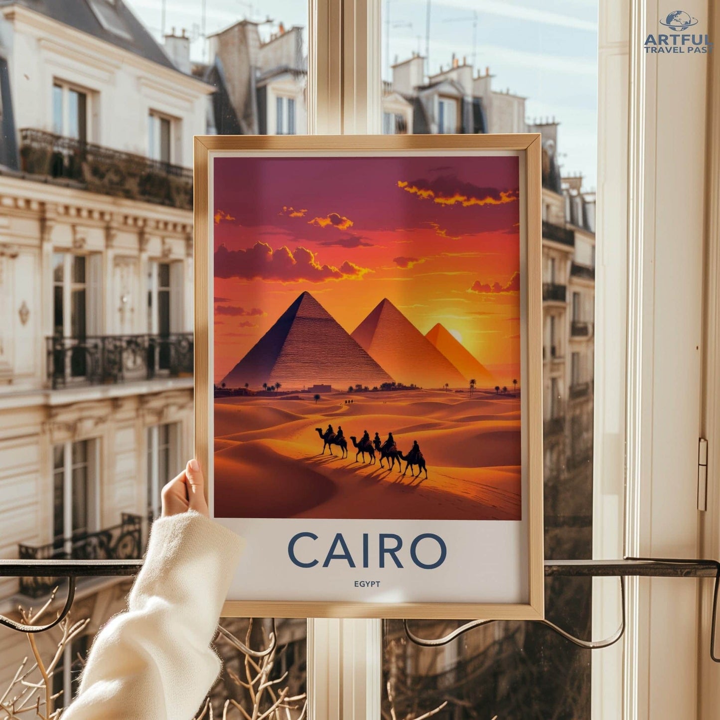 Cairo Poster - Egypt Travel Art - Golden Pyramids Sunset Home Decor