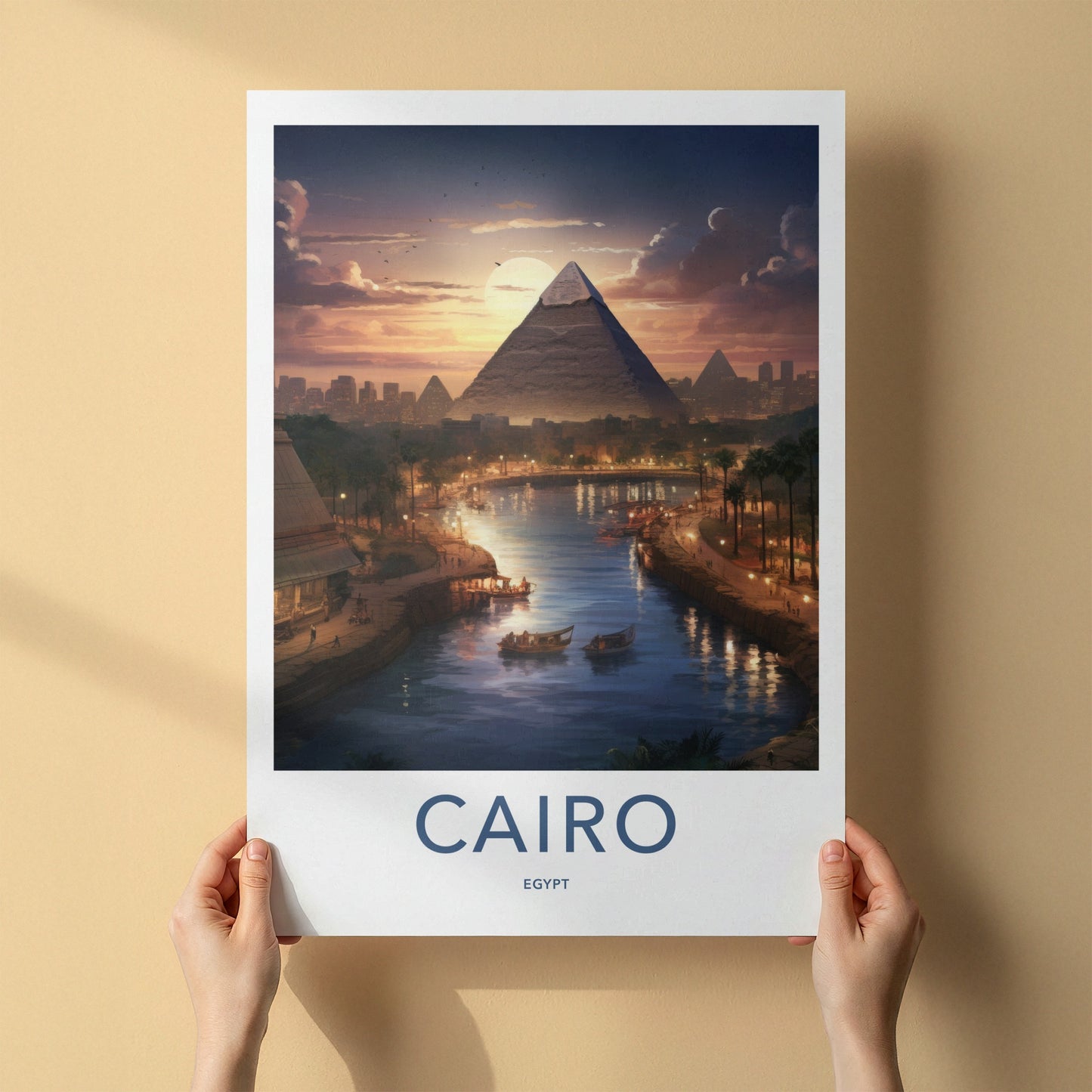 Cairo Poster - Egypt Travel Art - Pyramid River Sunset Home Decor